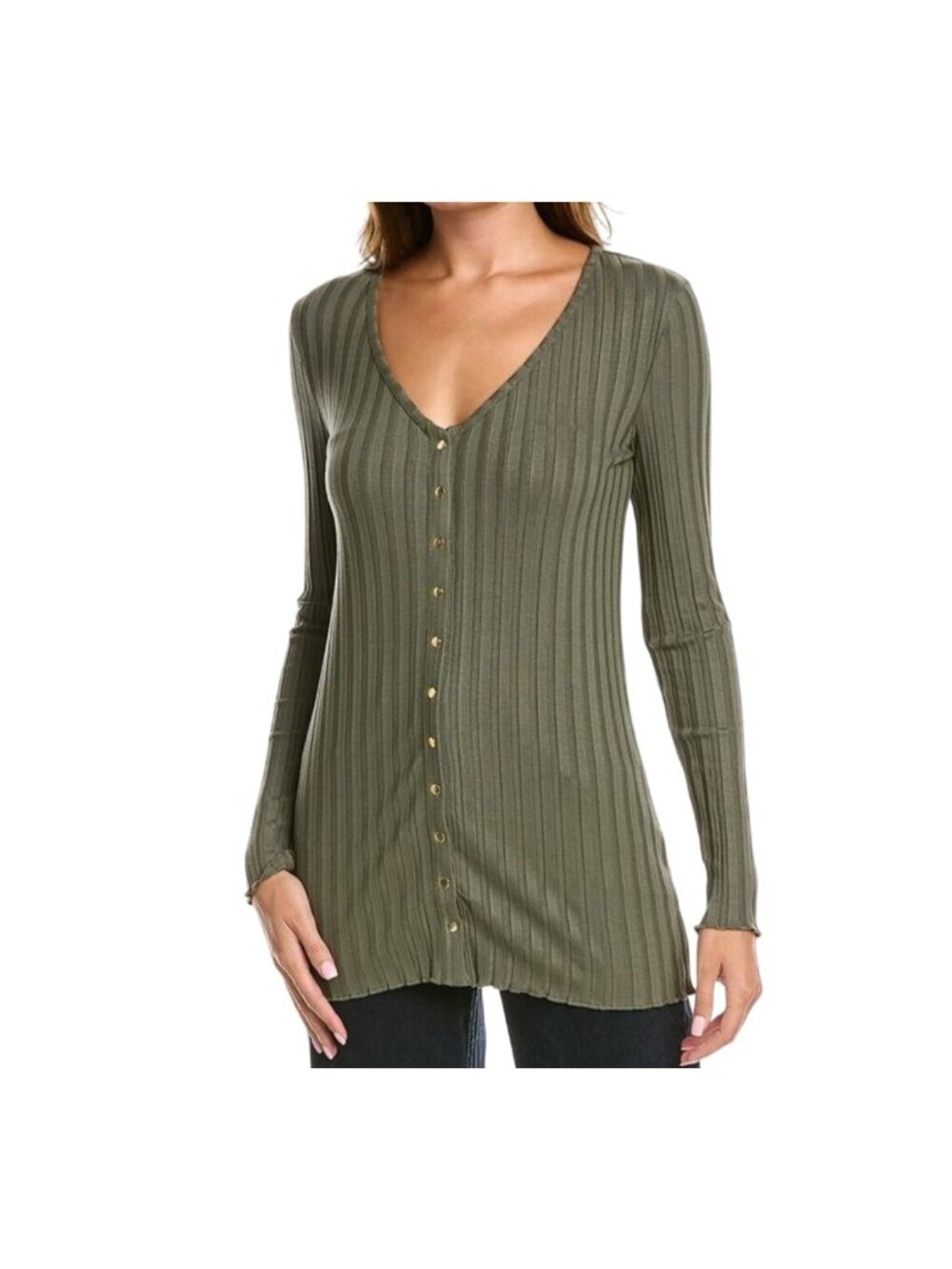 Nation LTD Mayumi Ribbed Knit Snap Front Long Cardigan Lettuce Hem Sz XL